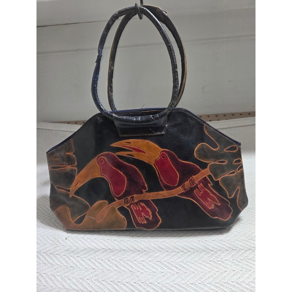 Vintage India Genuine Leather Hand Painted Toucan Bird Handbag Tropical Purse